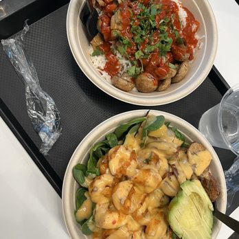 Boltiful Fresh Kitchen - Regular custom bowl in the top and the signature spicy Thai shrimp bowl in the bottom right with spicy mayo sauce - New American Near Me - San Jose, California