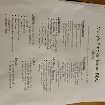 Mary’s Smoke House - Menu - Barbeque Near Me - Richmond, Maine