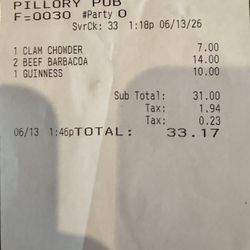 Pillory Pub - Receipt