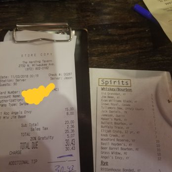 The Harding Tavern - Check had higher whisky prices then the menu - New American Near Me - Chicago, Illinois The Harding Tavern - Check had higher whisky prices then the menu - New American Near Me - Chicago, Illinois