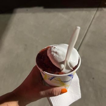 The Eskimo Shack - Cherry snowball flat top with double marshmallow other is in middle :-) - Desserts Near Me - Baltimore, Maryland