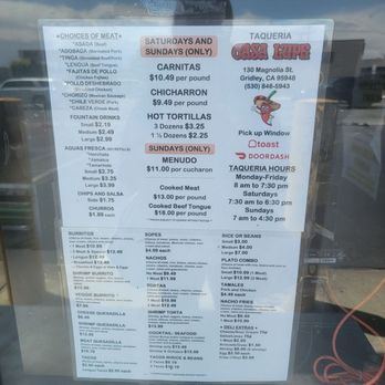 Casa Lupe - May 26 2026 menu at window - Mexican Near Me - Gridley, California Casa Lupe - May 26 2026 menu at window - Mexican Near Me - Gridley, California