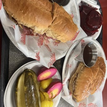 Philippe the Original - Beef Dip and Pastrami sandwich, pickle, pickled egg and pickle beets. - Sandwiches Near Me - Los Angeles, California