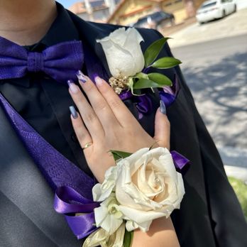Roses Say - Prom wrist corsage and matching lapel boutonniere with gold accents - Florists Near Me