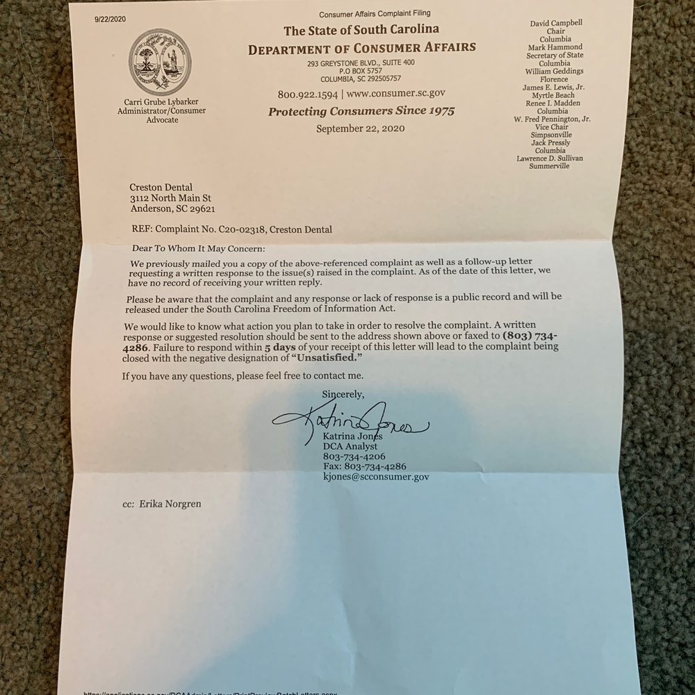 Creston Dental & Braces - Letter from Department of Consumer Affairs - General Dentistry Near Me - Anderson, South Carolina Creston Dental & Braces - Letter from Department of Consumer Affairs - General Dentistry Near Me - Anderson, South Carolina