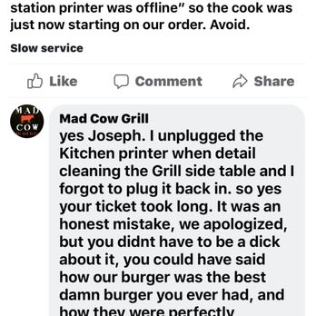 Mad Cow Grill - Note from an employee or perhaps the owner. - American Near Me - Laurel, Maryland