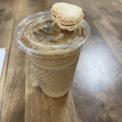 Enoch - Lavender latte with a strawberry macaroon.