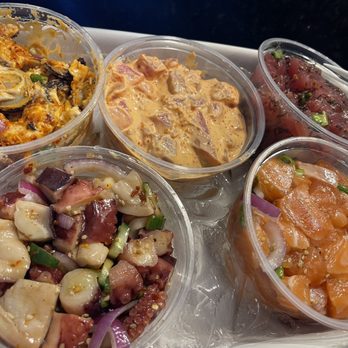 Poke Express - yum yum mussels, Spicy Ahi with Mayo, Limu Ahi Poke, spicy Garlic Tako, Salmon Poke, Pipikaula Seasoned Beef (not shown) ... SOOO GOOD!! - Poke Near Me - Henderson, Nevada