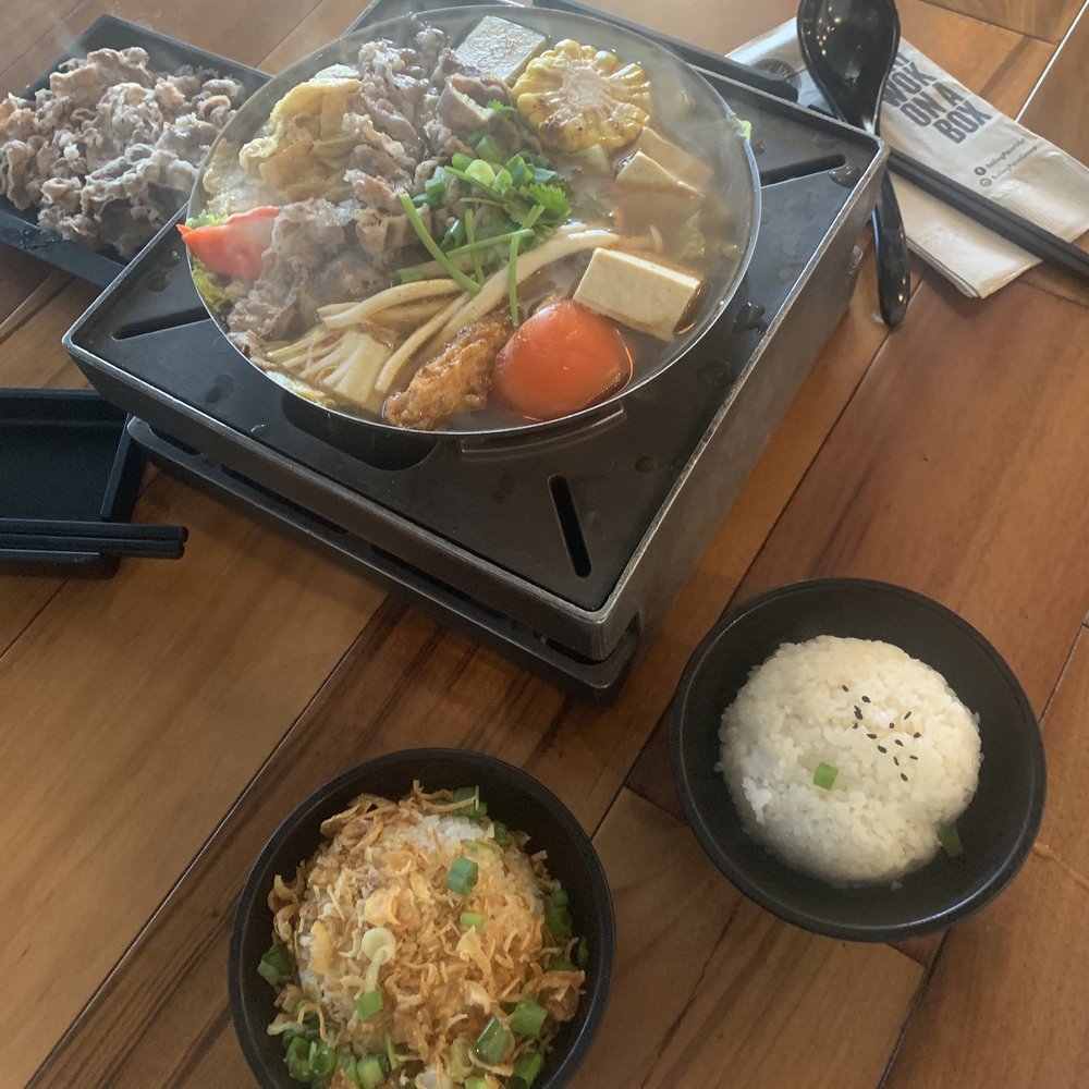 Boiling Point - beef soup, scallion rice (bottom), normal rice (right) - Hot Pot Near Me - Fremont, California