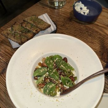 Rich Table - Burrata, Citron-Ginger Tapenade, Almond, Douglas Fir "Garlic Bread" - New American Near Me - San Francisco, California