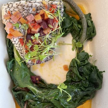Jean-Georges - Steamed Black Bass with preserved lemon - olive dressing and Swiss chard - French Near Me - New York, New York