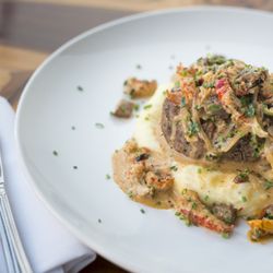 Flavour Bistro - Prime Filet with creamy crawfish tail, shallots, andouille sausage, Tasso