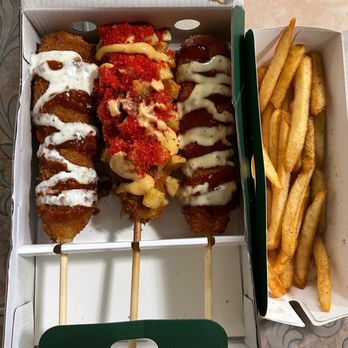 Corn'd - Umami dog, potato dog, garlic sweet chili dog, fries with kimchi powder - Comfort Food Near Me - Turlock, California