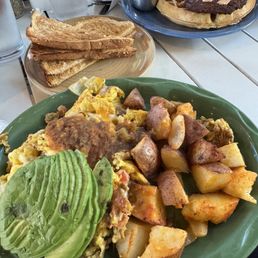 Carnitas scramble and chicken and waffles