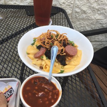 Burnt End BBQ - Mac and cheese burnt end bowl with crispy onion strings.  Beans on the side. - Barbeque Near Me - De Soto, Kansas