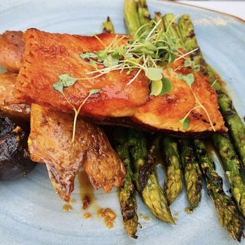 Rooftop - Salmon with fingerling potato, asparagus, honey-ginger soy glaze - New American Near Me - Walnut Creek, California Rooftop - Salmon with fingerling potato, asparagus, honey-ginger soy glaze - New American Near Me - Walnut Creek, California