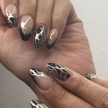 Lush Nails Pro - Abstract nail art on Almond Shaped Acrylic Set. French art, chromes, freestyle, snake print, blooming gel. - Nail Technicians Near Me - Philadelphia, Pennsylvania