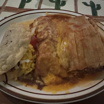 Mitla Cafe - Combination #2: Shredded Beef Taco, Chicken Enchilada, and Tamale - Mexican Near Me - San Bernardino, California