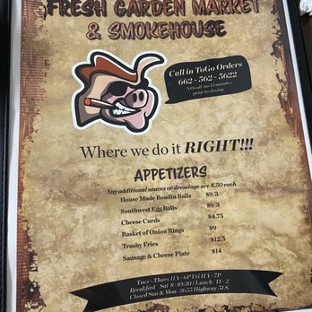 Fresh Garden Market - Front of Menu - Barbeque Near Me - Senatobia, Mississippi