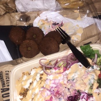 Pita Chip - Half 1/2 Rice 1/2 Salad Bowl with Cooked Chicken Shawarma Five (5) Falafel with Tahini Sauce Fries with Garlic Sauce - Halal Near Me - Philadelphia, Pennsylvania Pita Chip - Half 1/2 Rice 1/2 Salad Bowl with Cooked Chicken Shawarma Five (5) Falafel with Tahini Sauce Fries with Garlic Sauce - Halal Near Me - Philadelphia, Pennsylvania