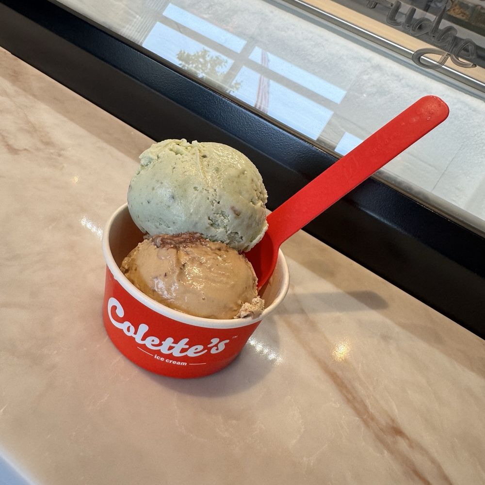 Colette’s Ice Cream - Pistachio and coffee with almonds and fudge. Split scoop which was perfect! - Coffee & Tea Near Me - Pacific Grove, California Colette’s Ice Cream - Pistachio and coffee with almonds and fudge. Split scoop which was perfect! - Coffee & Tea Near Me - Pacific Grove, California