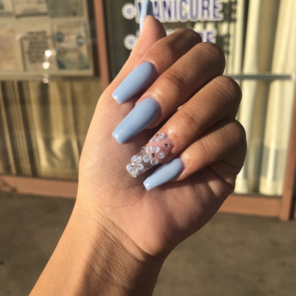 Classy Nail Polish - Dip Coffin Nails with Flower and Rhinestones - Nail Technicians Near Me - La Habra, California