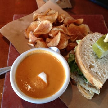 Whiskey Cake - Chicken and cheese melt with tomato bisque. - New American Near Me - Plano, Texas Whiskey Cake - Chicken and cheese melt with tomato bisque. - New American Near Me - Plano, Texas