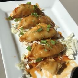 Potstickers. Already covered in sauce. I'd prefer to dip. Potstickers. Already covered in sauce. I'd prefer to dip.