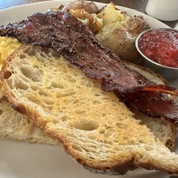 Prep and Pastry - Gilbert - Simple breakfast.  Bacon is on the sweet side. Baby red smashed potatoes.  Very good. Sourdough toast. - New American Near Me - Gilbert, Arizona