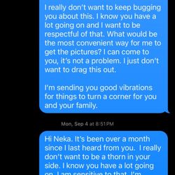 Neka Rae Photography - Text messages between Neka and me towards the end of our communication altogether.