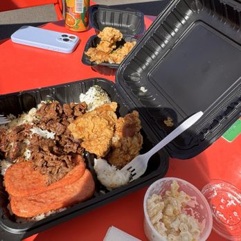 Paradise Grindz - Garlic chicken, teriyaki beef, spam, Mac salad and rice- with a side of crispy chicken. We dug into the food before taking a photo! - Hawaiian Near Me - Tigard, Oregon Paradise Grindz - Garlic chicken, teriyaki beef, spam, Mac salad and rice- with a side of crispy chicken. We dug into the food before taking a photo! - Hawaiian Near Me - Tigard, Oregon