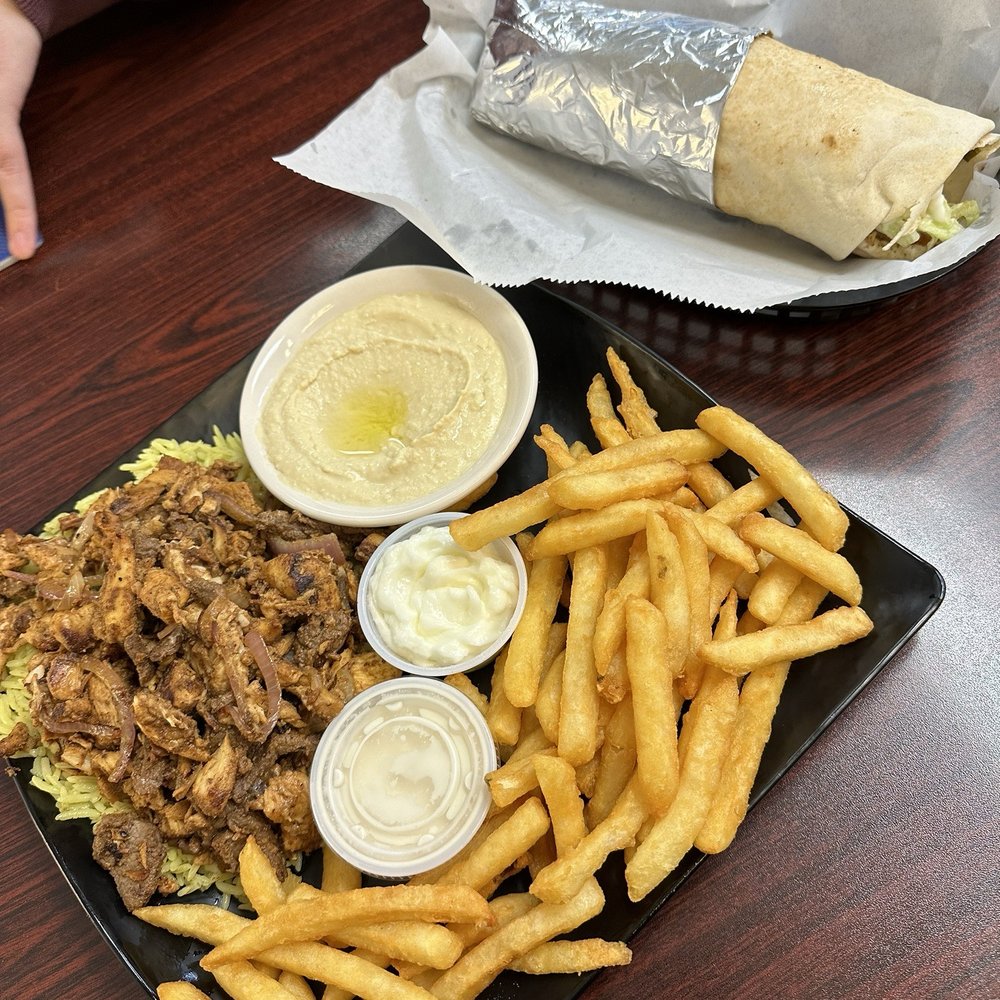 Mixed Shawarma Plate with Hummus and Fries. Garlic Chicken Sandwich