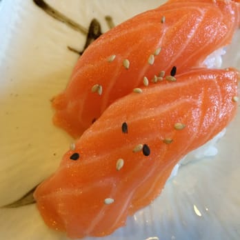 Hooked On Sushi - Salmon Nigiri - Needs a cooler temp, a fattier cut, and maybe some fresh wasabi... - Japanese Near Me - Encinitas, California Hooked On Sushi - Salmon Nigiri - Needs a cooler temp, a fattier cut, and maybe some fresh wasabi... - Japanese Near Me - Encinitas, California