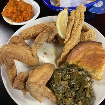 Deja Blue - Catfish and Wings  with collards and yams and cornbread. All was delicious  the side of fries were great as well  !! - Music Venues Near Me - Seaside, California