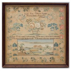 Jeffrey S Evan and Associates - July 25, 2009. Lot 120. Important 1834 Harrisonburg, Shenandoah Valley of Virginia Pictorial Sampler. Price Realized: $48,875. USD.