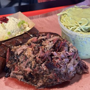 Barbs B Q - Chopped juicy brisket, smoked sausage, potato salad and green spaghetti (July 2026) - Barbeque Near Me - Lockhart, Texas Barbs B Q - Chopped juicy brisket, smoked sausage, potato salad and green spaghetti (July 2026) - Barbeque Near Me - Lockhart, Texas