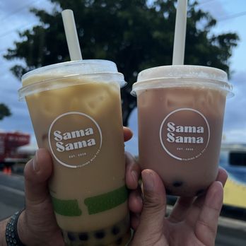 Sama Sama - Peach Mango Sampaguita Milk Tea with Boba and Strawberry Sampaguita Milk Tea with Boba - Bubble Tea Near Me - Pearl City, Hawaii