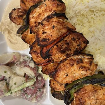 Mediterranean Guys - Chicken Kabob Plate with basmati rice, hummus, and Mediterranean potato salad. - Mediterranean Near Me - Santa Ana, California Mediterranean Guys - Chicken Kabob Plate with basmati rice, hummus, and Mediterranean potato salad. - Mediterranean Near Me - Santa Ana, California