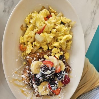 Addiction Bistro - Scramble eggs with French toast and fresh fruits - Breakfast & Brunch Near Me - Coral Springs, Florida Addiction Bistro - Scramble eggs with French toast and fresh fruits - Breakfast & Brunch Near Me - Coral Springs, Florida