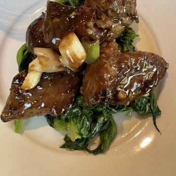 Kwok's Bistro - Stir fried lamb tenderloin with shitaki mushrooms over pea tips - Chinese Near Me - Reno, Nevada