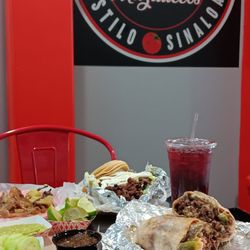 Tacos La Carreta - Vampiro, asada burrito with Anaheim chile and queso, papa loca de asada, Jamaica, not pictured were tacos and quesadillas.