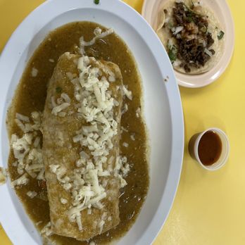 El Taco De Mexico - Chili Chile Relleno Burrito w a side car beef steak taco & house salsa. - Mexican Near Me - Denver, Colorado El Taco De Mexico - Chili Chile Relleno Burrito w a side car beef steak taco & house salsa. - Mexican Near Me - Denver, Colorado