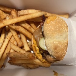 Killer Burger East Vancouver - The amazing Peanut Butter Pickle Bacon burger with a side of fries.