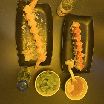 Taisho Bistro Japanese Restaurant - Kami roll (left) and a salmon, mango, seaweed, avocado wrap (I forgot the name (right)). Edamame and miso soup. - Japanese Near Me - Buffalo, New York Taisho Bistro Japanese Restaurant - Kami roll (left) and a salmon, mango, seaweed, avocado wrap (I forgot the name (right)). Edamame and miso soup. - Japanese Near Me - Buffalo, New York