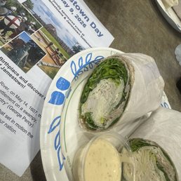 Chicken Caesar wrap, huge packed with chicken. Dressing on the side