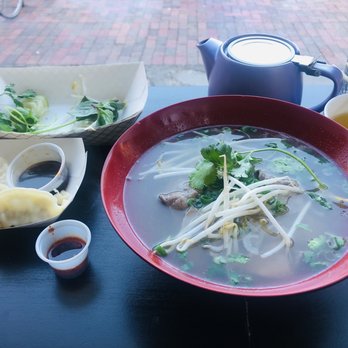 Pho Real Kitchen & Bar - Beef pho, steamed pot stickers, hot green tea - Asian Fusion Near Me - Des Moines, Iowa