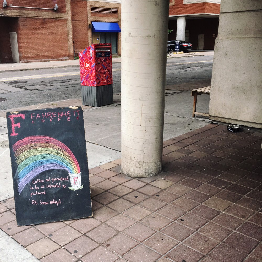 Fahrenheit Coffee - Floor signage bringing you in and there's a cute water bowl for dogs too - Coffee & Tea Near Me - Toronto, Ontario Fahrenheit Coffee - Floor signage bringing you in and there's a cute water bowl for dogs too - Coffee & Tea Near Me - Toronto, Ontario