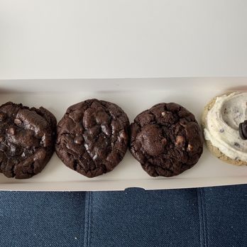 Crumbl - Novi - Left to right: Brownie Batter, Brownie Batter, Triple Chocolate, Cookies and Cream Milkshake - Bakeries Near Me - Novi, Michigan