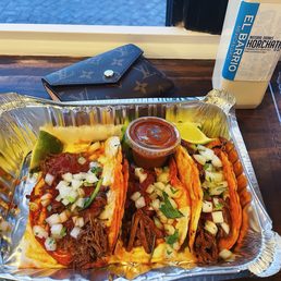 Birria Trio Tacos & bottled Horchata Birria Trio Tacos & bottled Horchata