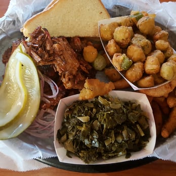 The Original Q Shack - Brisket plate with collards, fried okra, hushpuppies. - Barbeque Near Me - Durham, North Carolina